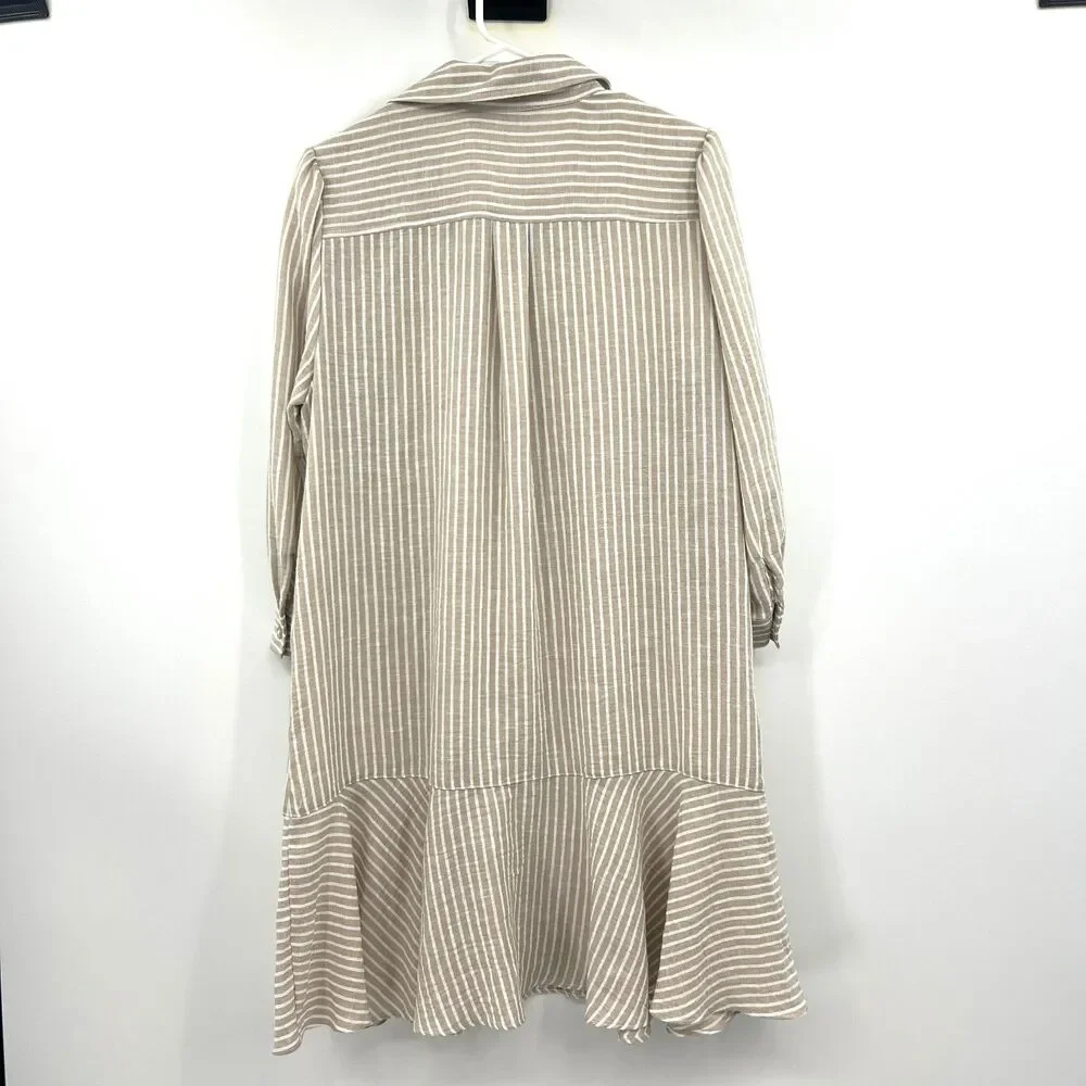 Emma & Michele M Beige Striped Shirt Dress Collared Tiered Ruffle Hem Popover